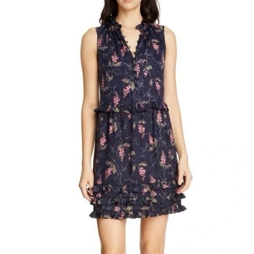 REBECCA TAYLOR Ivie Floral Ruffle Silk Blend Dress In Navy Combo Size 4‎